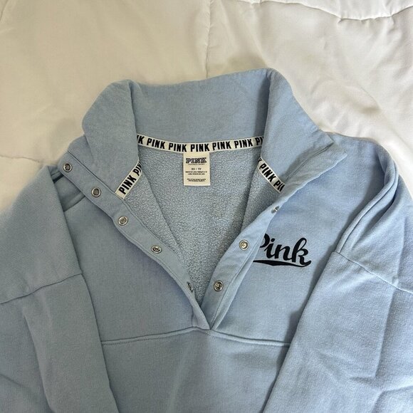 VS Victorias Secret Pink 1/4 Button Up Pullover Sweatshirt Light Blue Womens XS - Picture 2 of 7